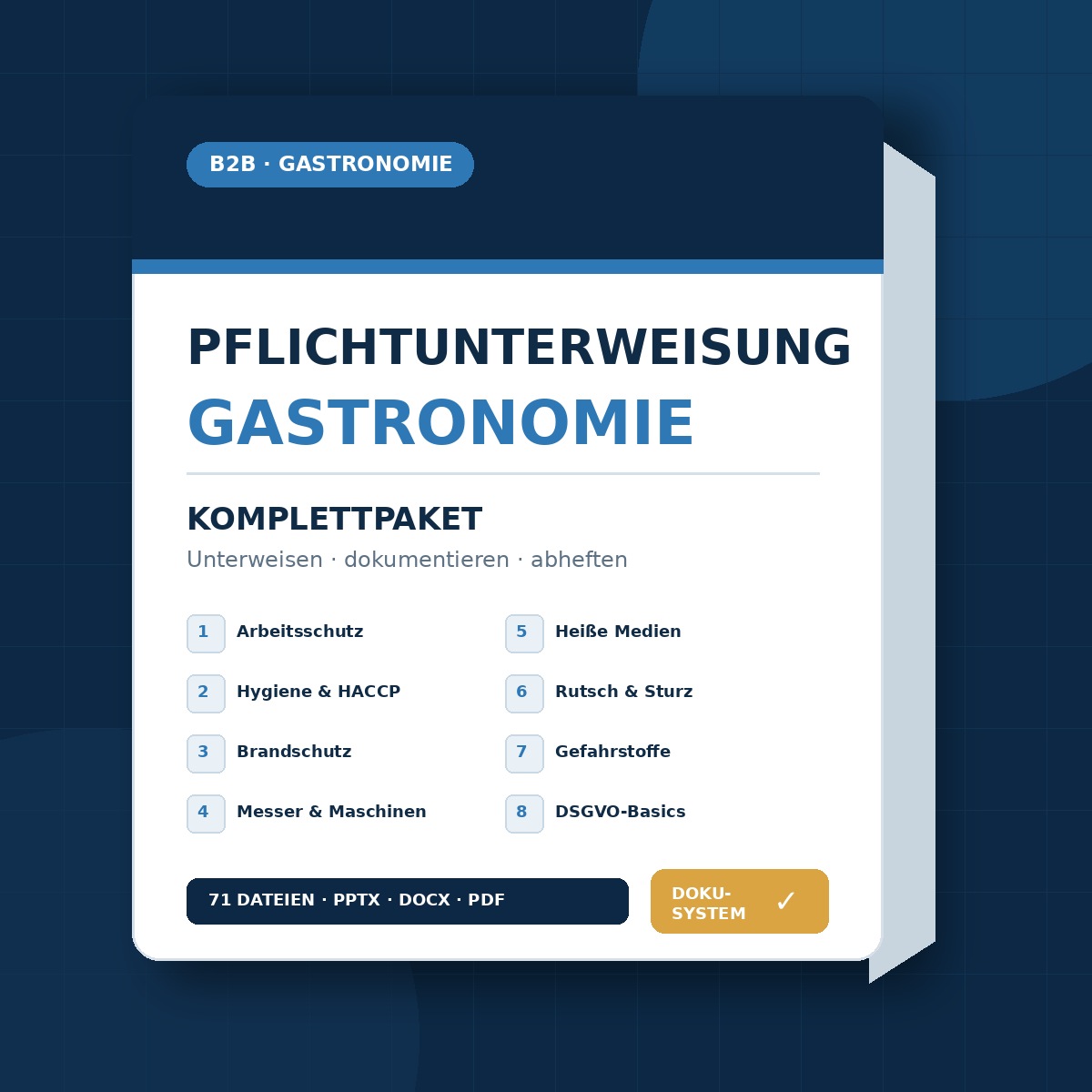 Pflichtunterweisungs-Komplettpaket Gastronomie mit acht Modulen und Doku-System