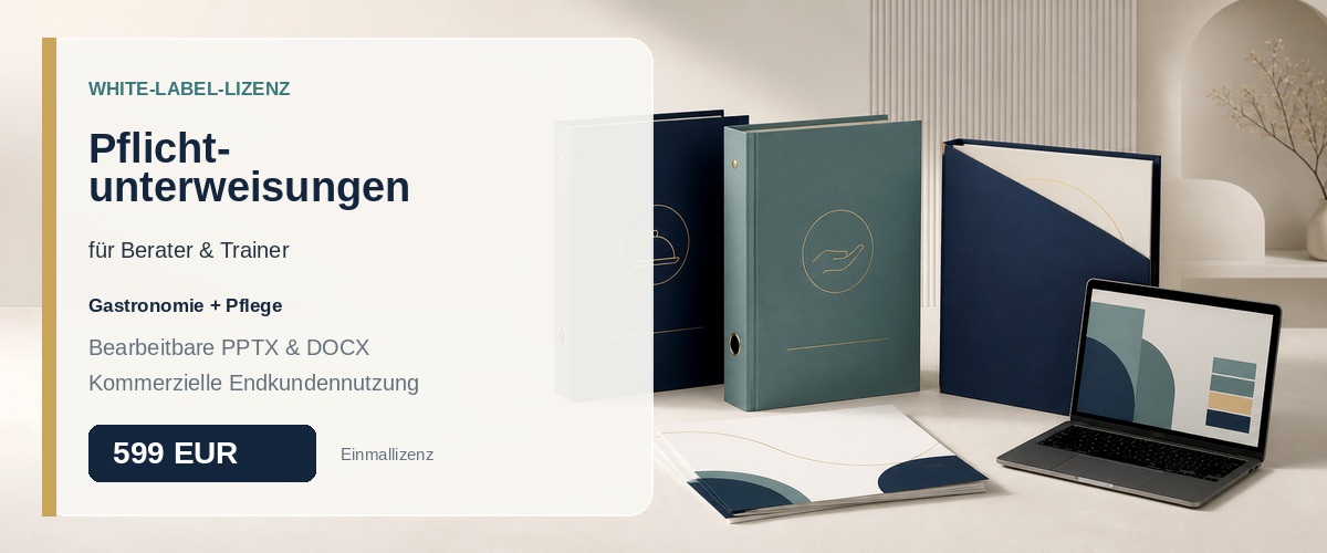 White-Label-Lizenz mit bearbeitbaren Unterweisungs-Mastern für Gastronomie und Pflege